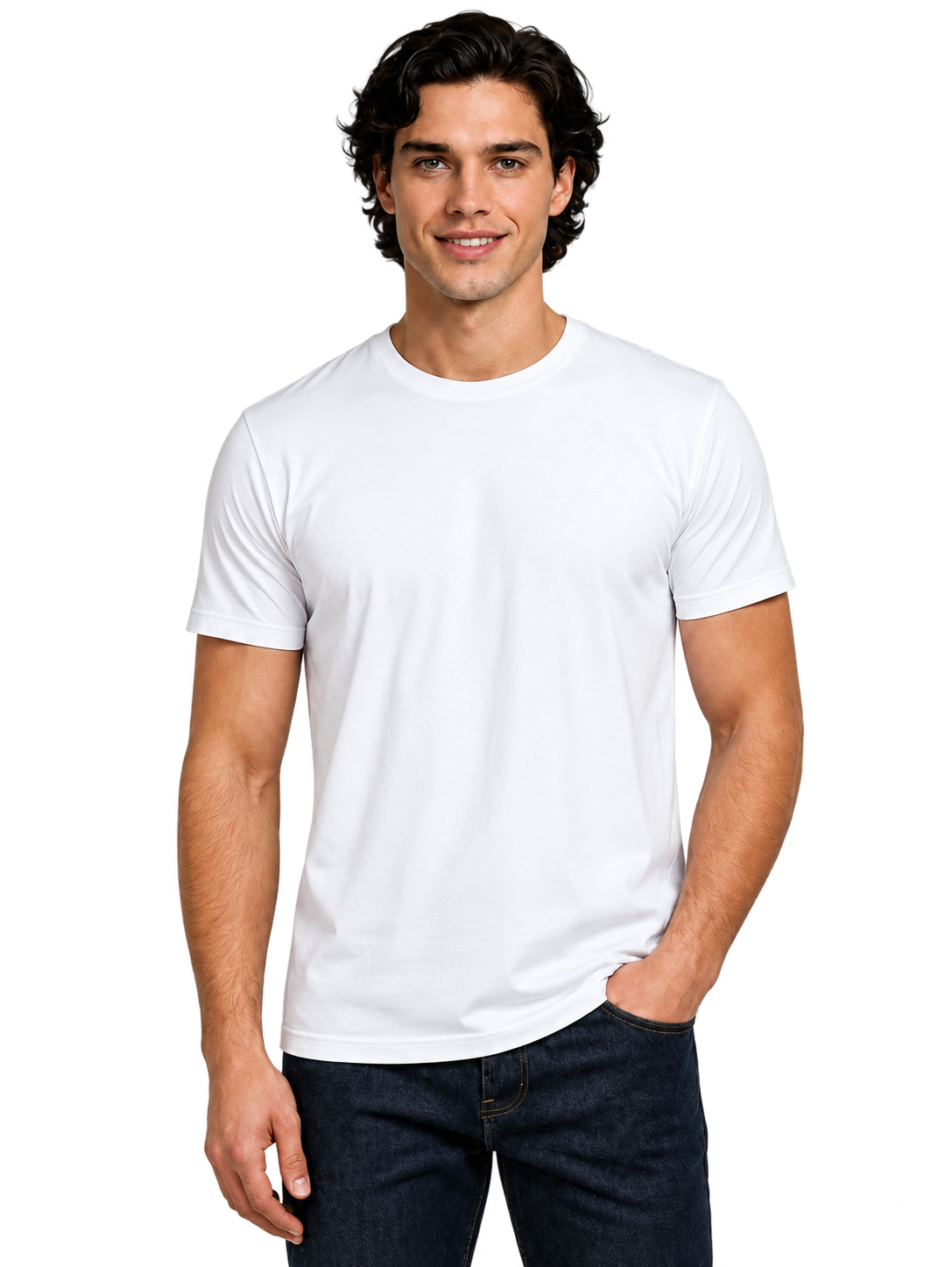 Close-up of the white round-neck T-shirt showing the rib sitting close around the model’s neck