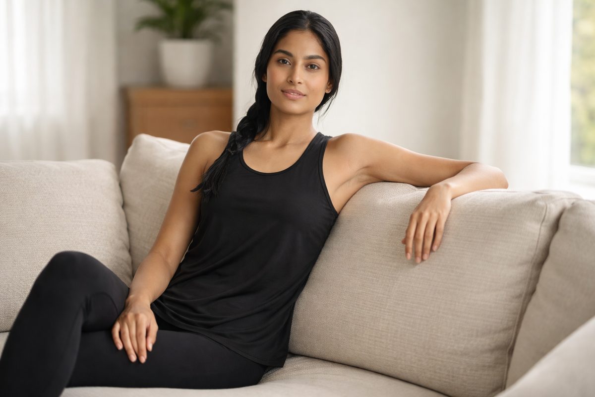 Heelium black bamboo racerback tank top worn while relaxing at home