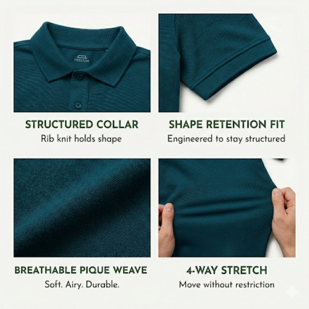 Hands stretching the teal bamboo polo fabric