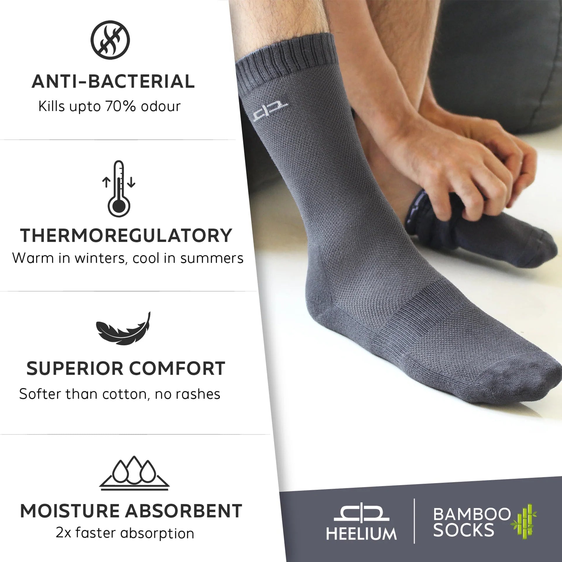 Heelium Bamboo Men Crew Socks (Solids) Pairs - Main Image