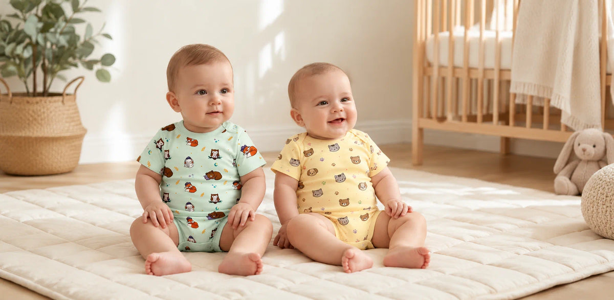 Babies wearing Heelium bamboo kimono and envelope-neck bodysuits