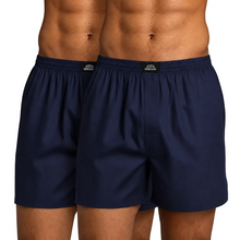 Load image into Gallery viewer, Two pairs of navy blue boxers with a brand logo on a grey background.