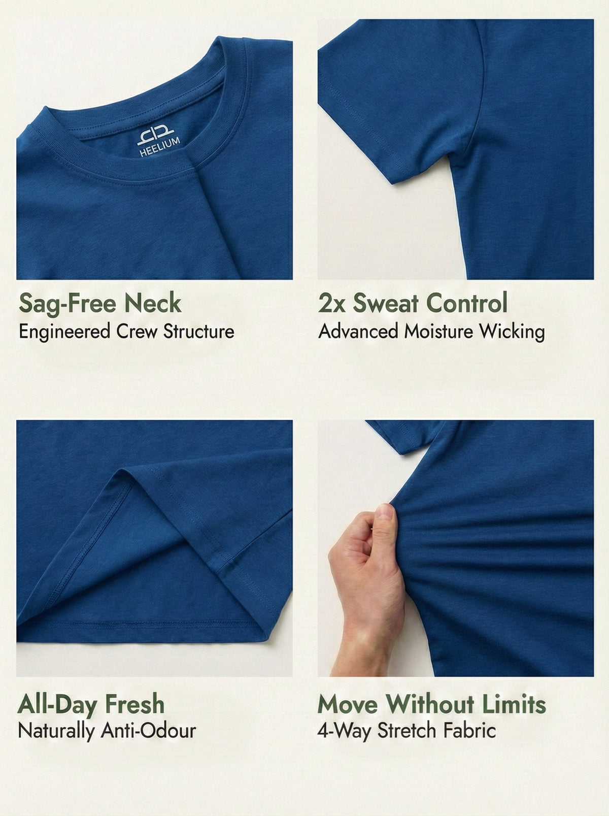 Hands stretching the blue bamboo round-neck T-shirt fabric
