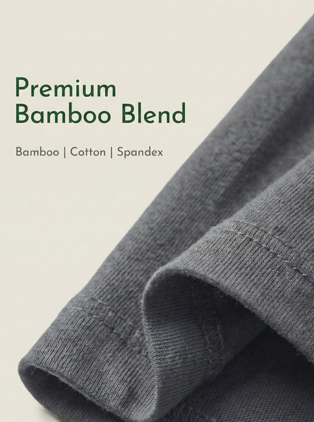 Close-up of the grey bamboo-blend round-neck fabric and stitching