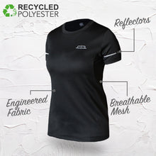 Load image into Gallery viewer, Features of the t-shirt - reflectors, breathable mesh, and engineered fabric