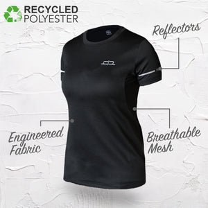Features of the t-shirt - reflectors, breathable mesh, and engineered fabric